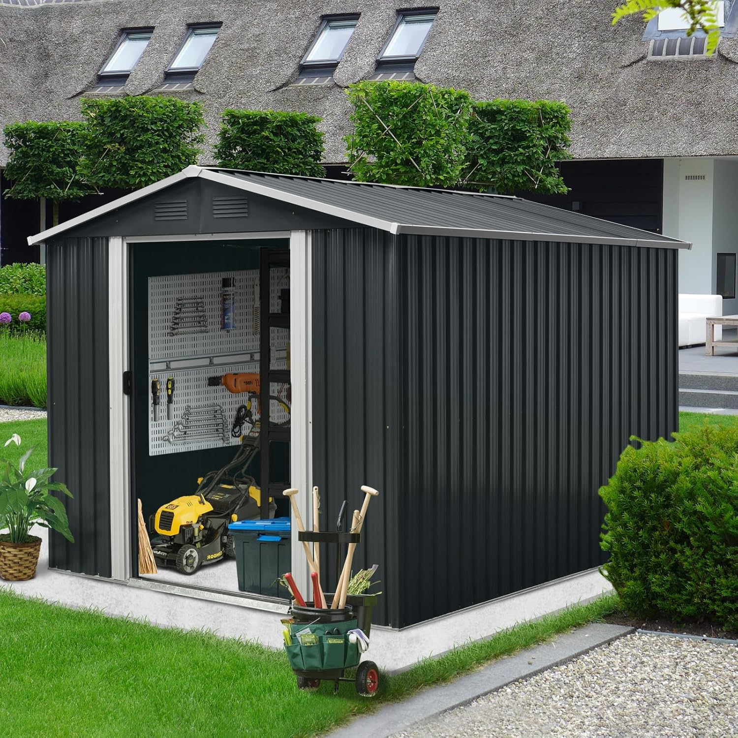 10 x 8 FT Outdoor Storage Shed, Metal Garden Shed with Floor Frame, Large Tool Sheds Outdoor Storage with Lockable Sliding Doors & Air Vents, Storages House Waterproof for Backyard, Lawn, Black