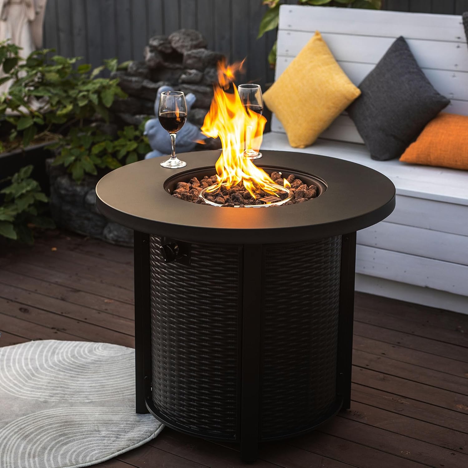 30in Diameter Propane Fire Table 50000BTU Output Round Shape Steel Structure with Igniter and Rock Fill for Exterior Patios and Yards Black