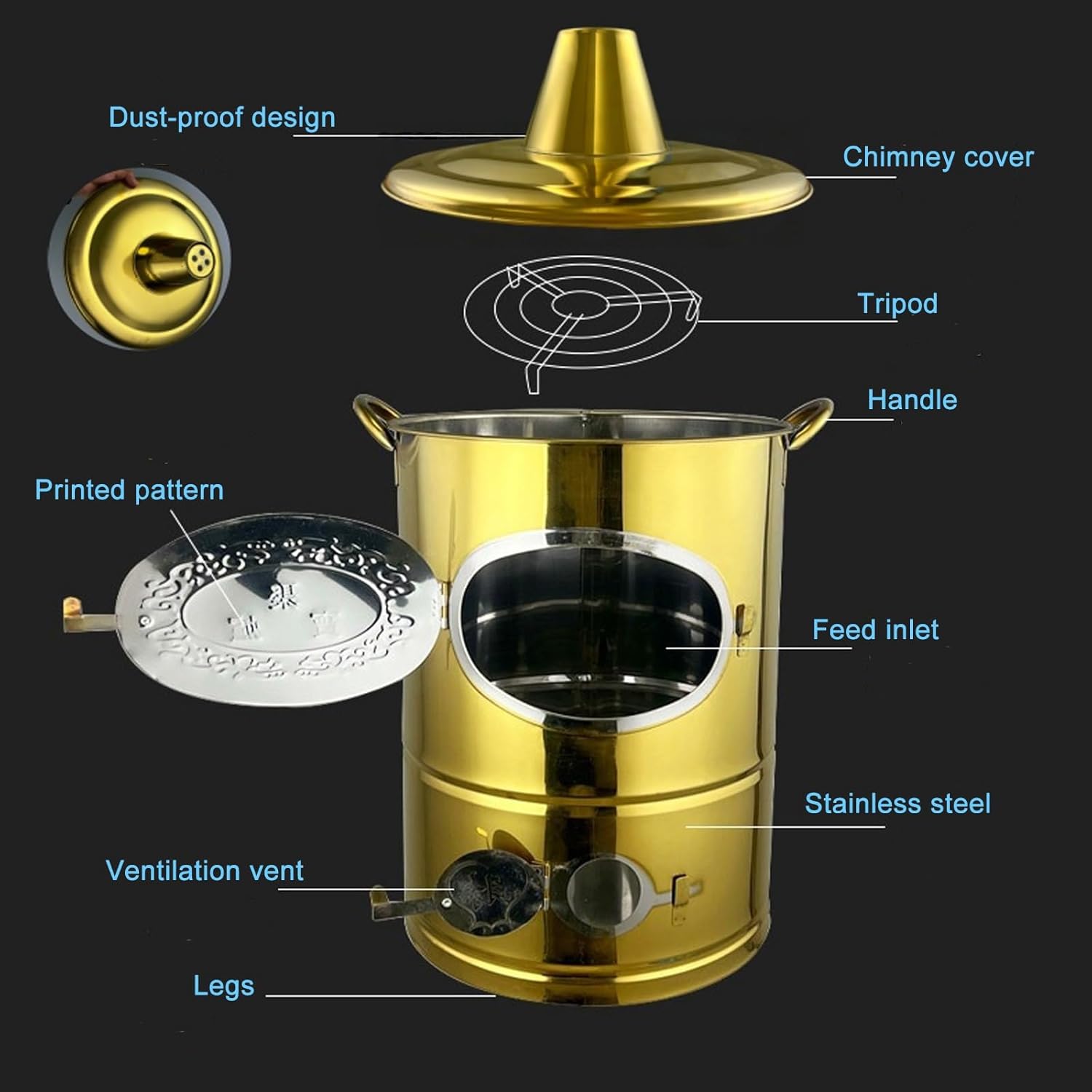 Burn Barrel, Outdoor Fire Pit, Galvanized Trash can, Including Tripod, Fire Hook, for Wood, Garden, Backyard, Farm, Patio, Beach(49cm/19in)