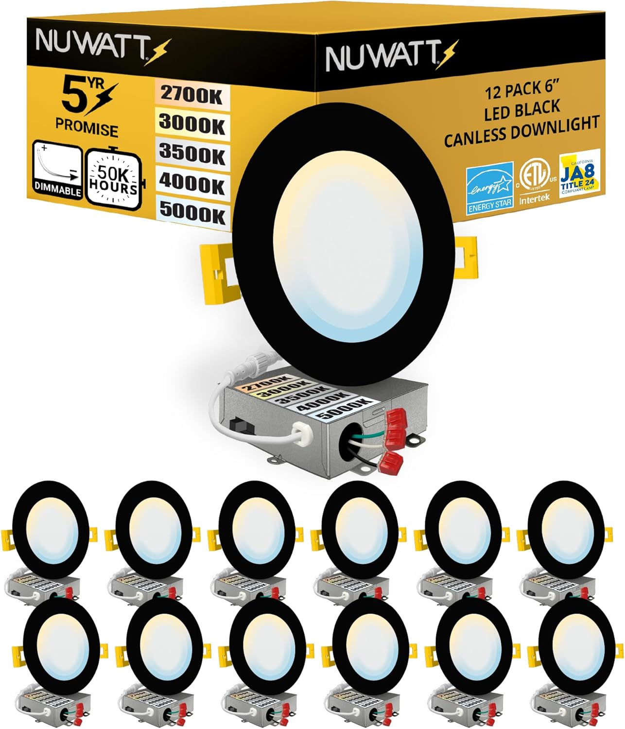 NUWATT 12 Pack, 6 Inch Ultra-Thin Black LED Recessed Lighting, 5CCT 2700K/3000K/3500K/4000K/5000K Selectable, 1050LM, 15W, Water Resistant, IC Rated, Dimmable Canless Slim Wafer Light with J-Box, ETL