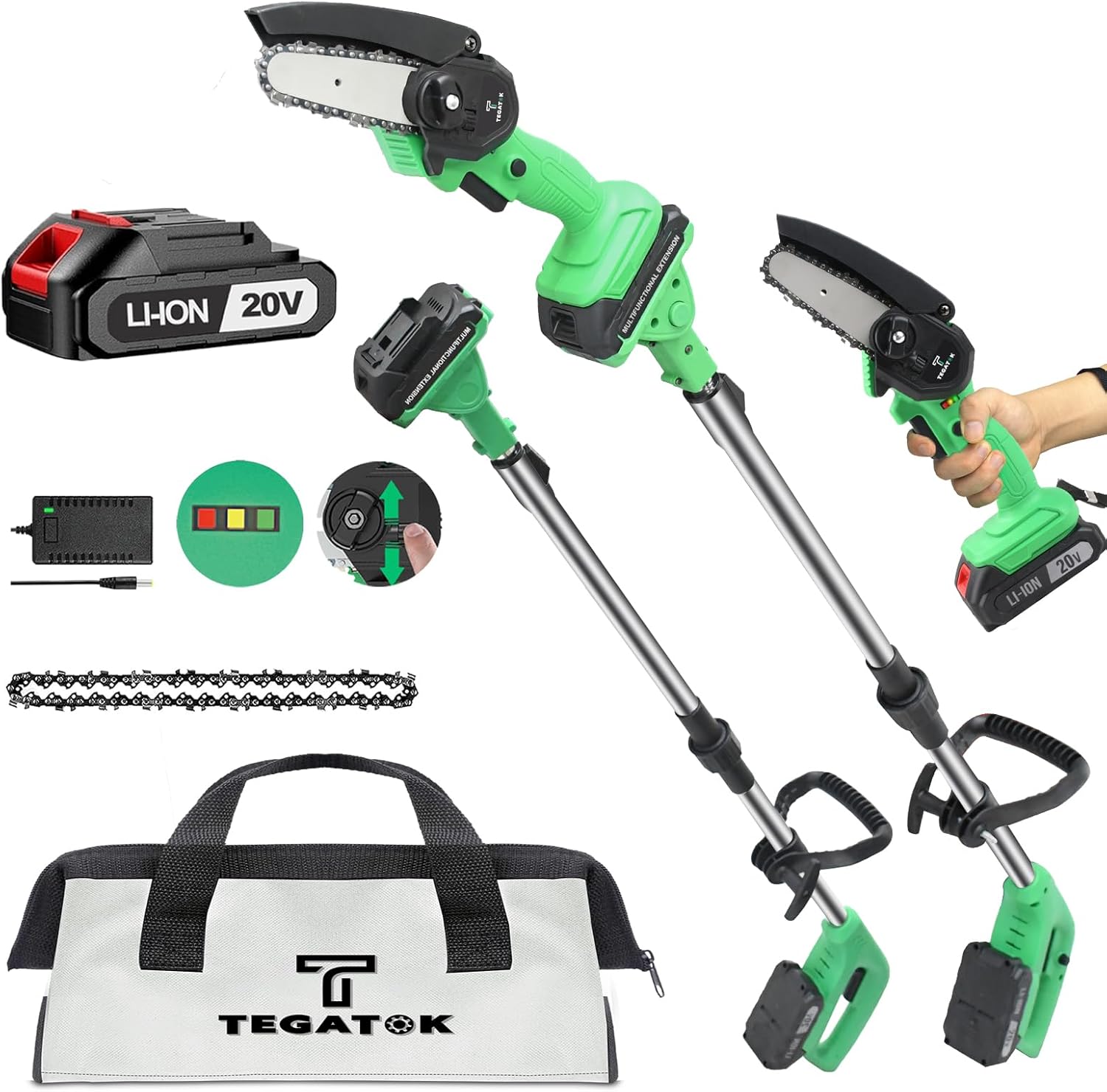 Tegatok 2-in-1 Cordless Pole Saw & Mini Chainsaw with 1 Battery and 2 Chains, Electric Pole Saw with 5.5ft Extension Rod, Battery Reach Pole Saw for Tree Trimming and Branch Cutting