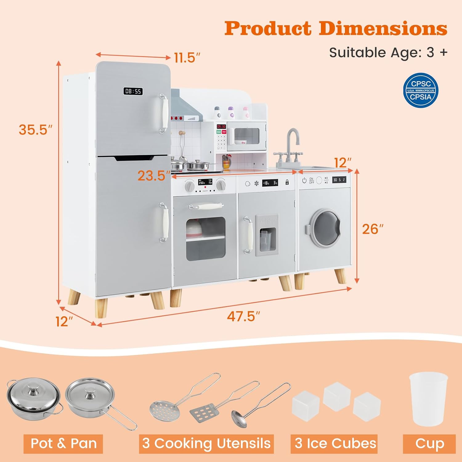 Costzon 3-Piece Play Kitchen for Kids, Wooden Toy Kitchen Set with Refrigerator, Washing Machine, Range Hood, Ice Maker, Kids Kitchen Playset with Sounds & Lights, Gift for Toddlers Ages 3+