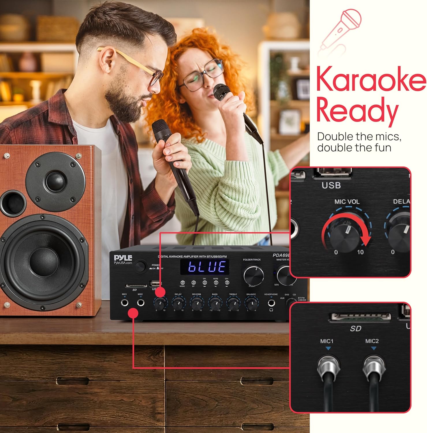 Pyle Stereo Amplifier Audio Receiver with Bluetooth Streaming, 200 Watt Peak, 2.0 Channel HiFi Sound System with MP3/USB/SD/FM Radio, RCA/Aux Inputs, Mic and Headphone Jacks, Rotary Vol Bass Treble