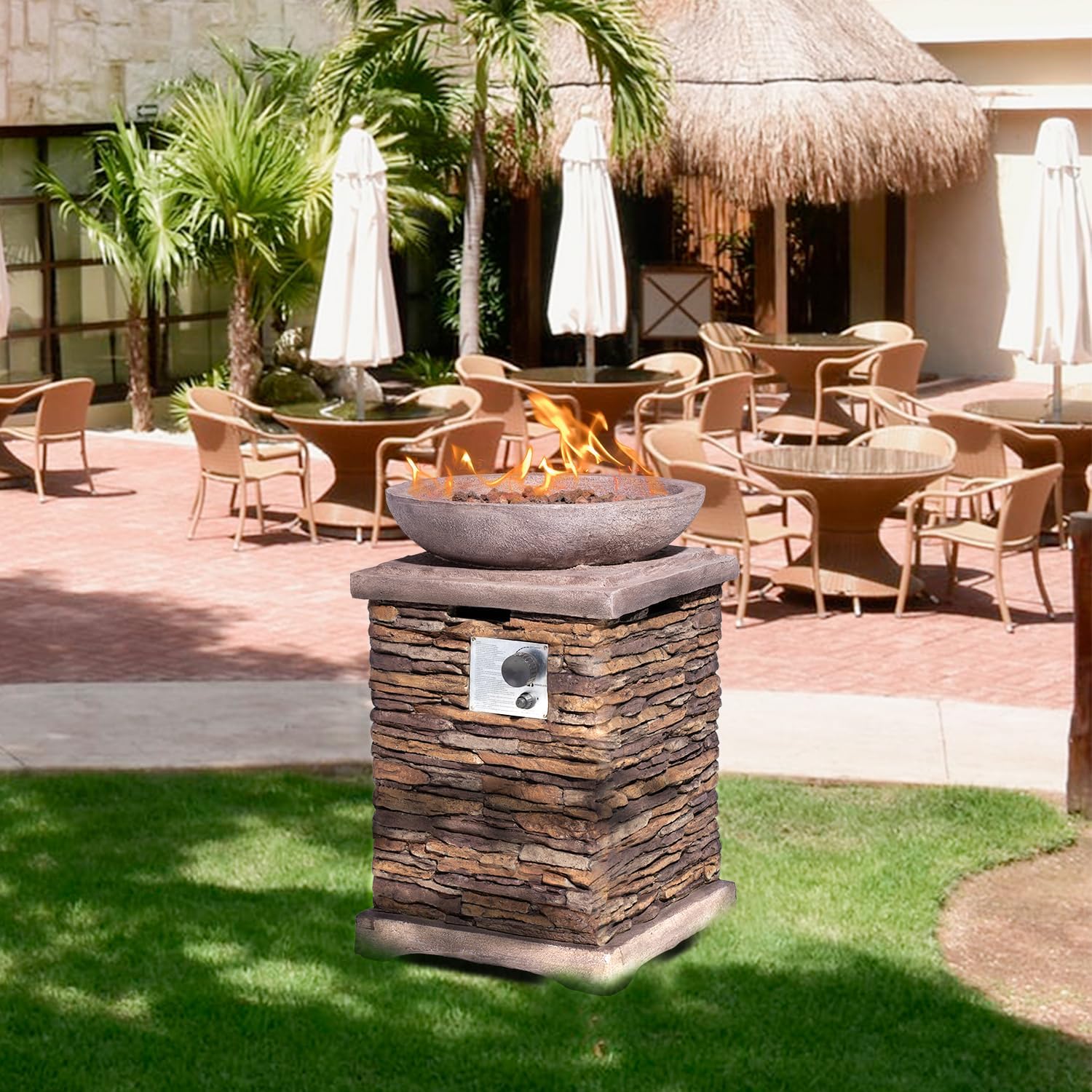 AQUILLA Propane Gas Fire Pit, Stone Imitation Surface, Outdoor 40000 BTU Heater w Free Lava Rocks and Rain Cover, Can Fits 20 Gal Propane Tank (exclud) Inside for Garden, Poolside, Backyard