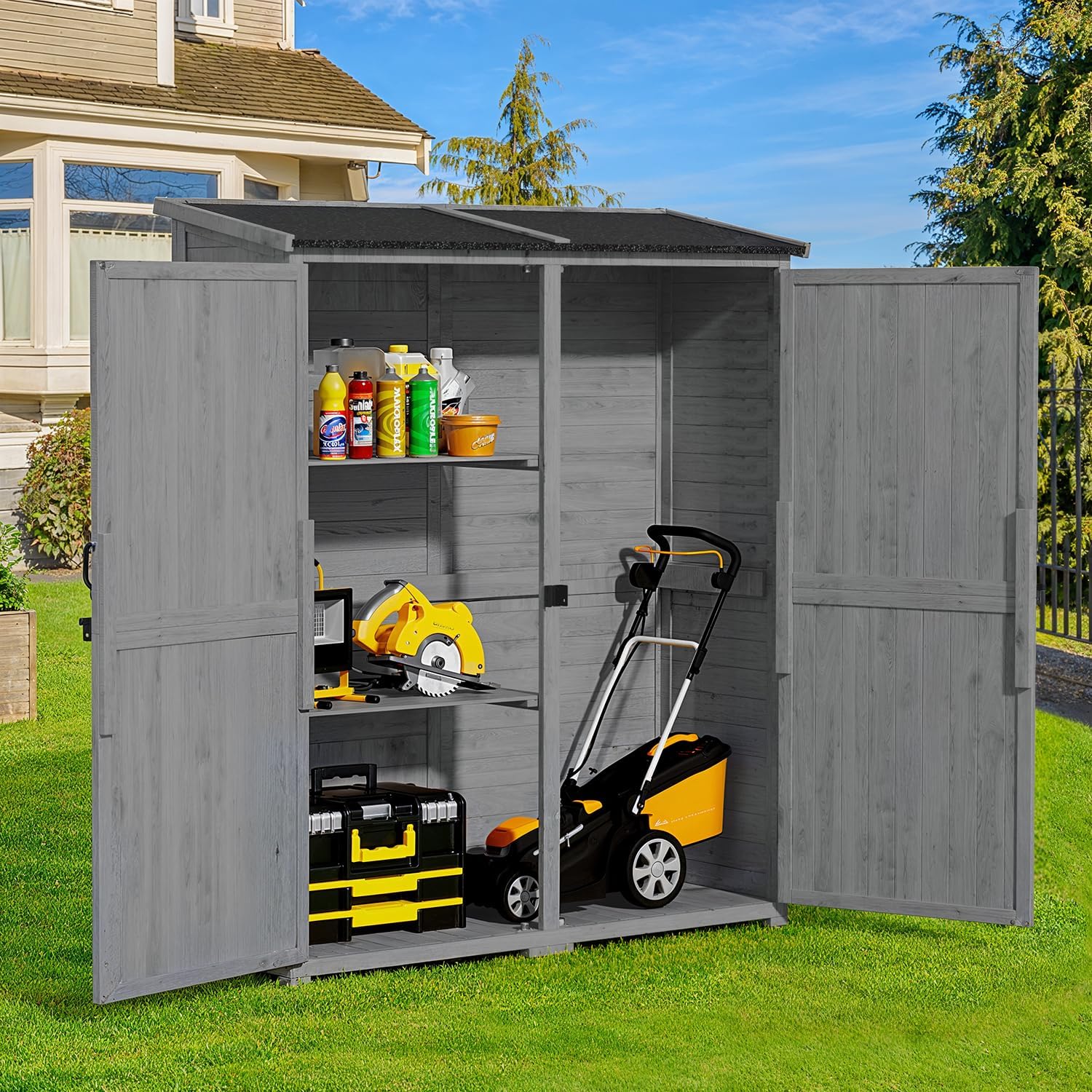 Gizoon Outdoor Storage Cabinet with Waterproof Roof, Double Lockable Doors Garden Shed with 2 Removable Shelves, Wooden Storage Shed with Large Storage Space for Patio, Garden, Backyard, Lawn, Grey