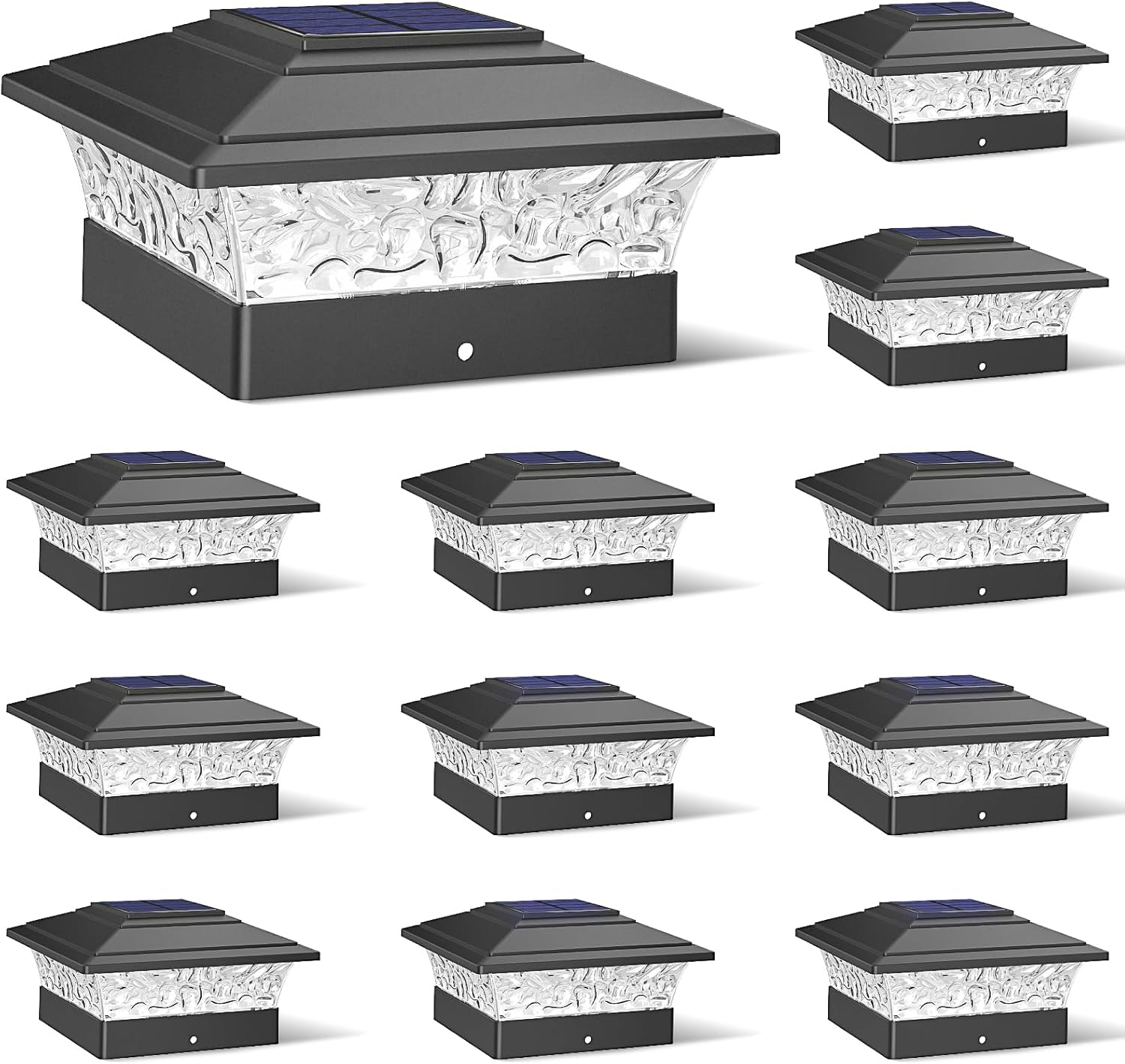 Solar Post Cap Lights Outdoor 12pack, Waterproof Solar Powered Deck Fence Post Lights Fit 4x4 Wood/Vinyl Posts, Black Deck Post Lights with Warm/Cool White for Garden, Patio, Porch, Fence