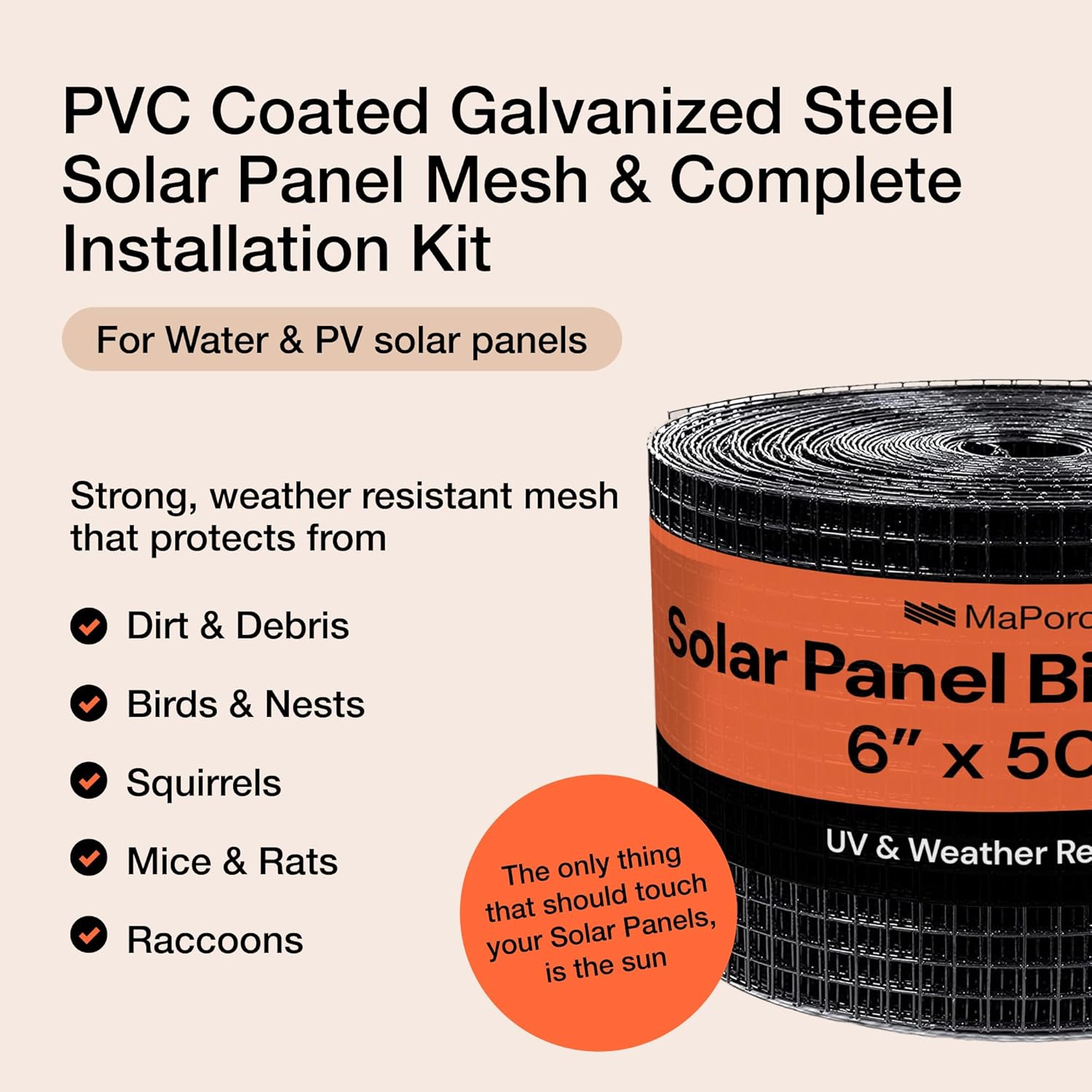 MaPorch Solar Panel Bird Guard Mesh Screen - 6 in x 120 ft Black PVC Coated Galvanized Steel - Solar Panel Netting Mesh - Includes 80 Clips, Scissors & Gloves for Easy DIY Install