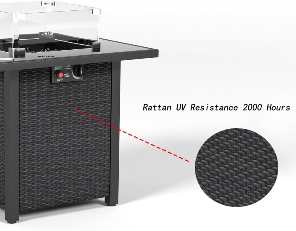 28 Inch Propane Fire Pit Table, Rattan & Wicker-Look, 50000 BTU Gas Firepits Tempered Glass Tabletop with Glass Windscreen Protector for Outside Patio and Garden(Coffee)