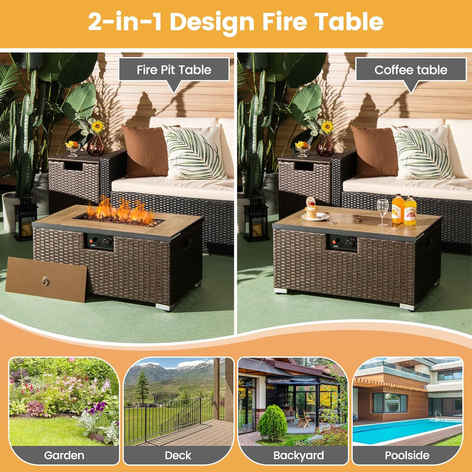 TANGZON Outdoor Fire Pit Table and Propane Tank Hideaway Table, 40,000 BTU Rattan Fire Pits with Lava Rocks, Side Handles & Waterproof Cover, Gas Tank Holder (2PCS Fire Pit & Hideaway Table Set)