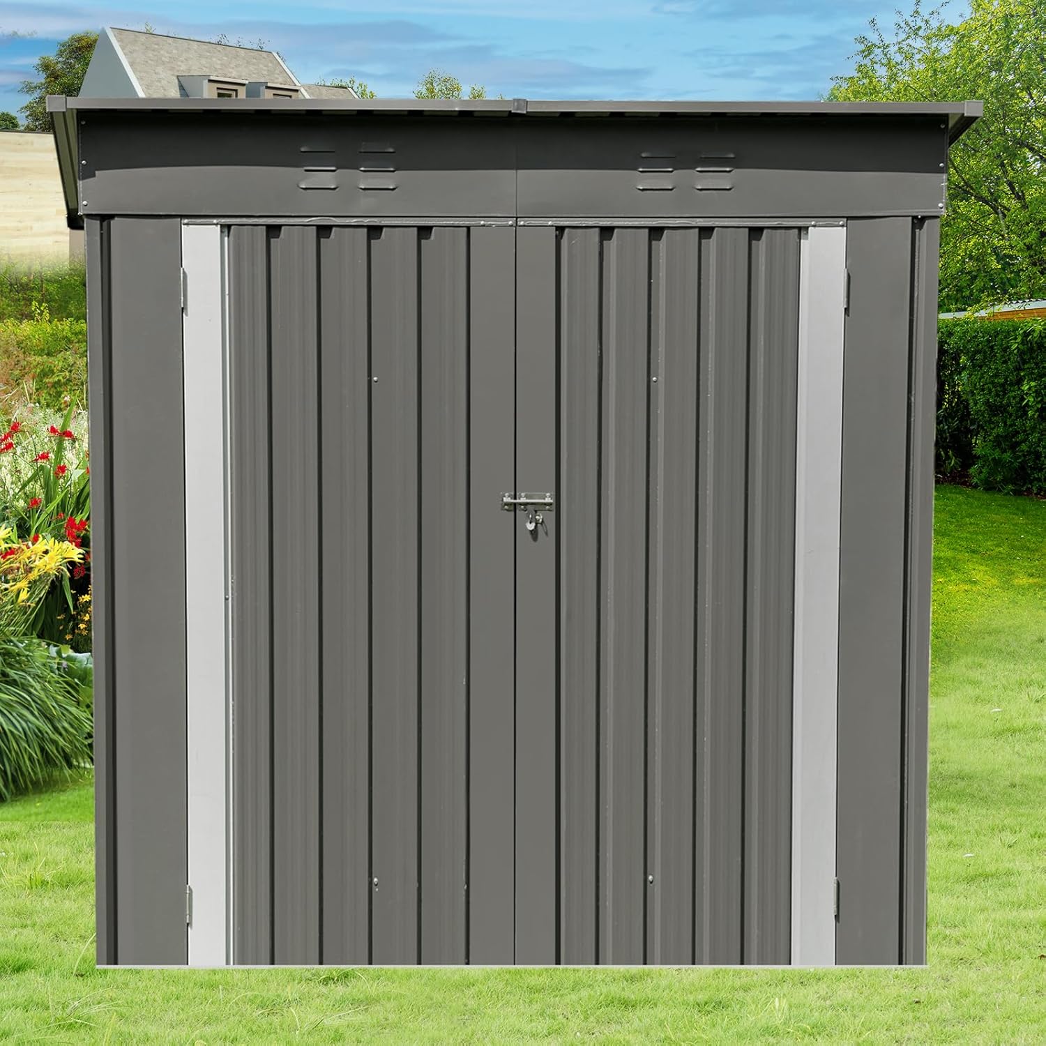 Outdoor Storage Shed 6x4FT, Steel Tool Garden Small Metal Sheds with Double Lockable Door, Outside Waterproof Galvanized Steel Storage House for Garden Backyard Patio Lawn, Dark Gray