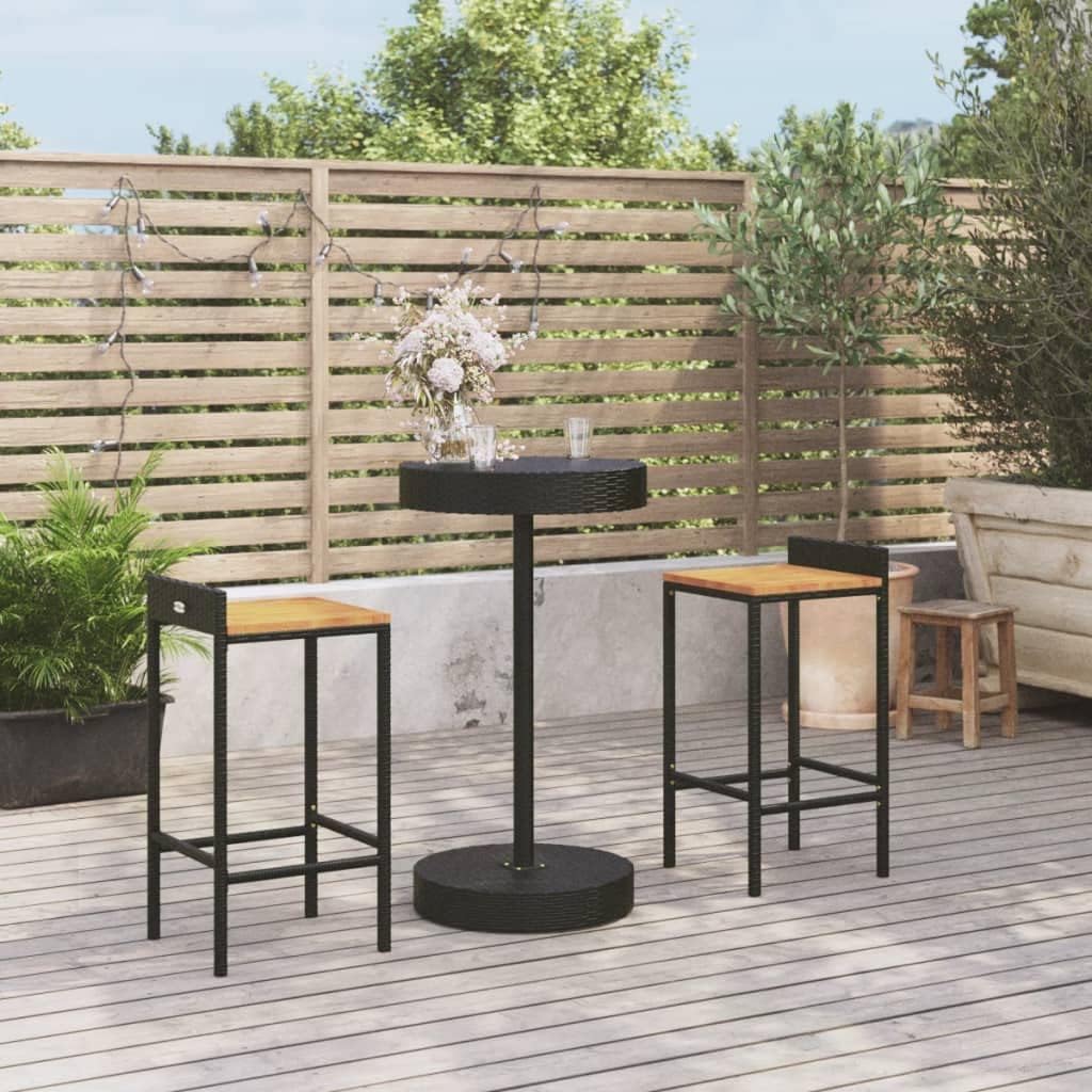 Furniture Sets 3 Piece Patio Bar Set Black Poly Rattan&Solid Wood Acacia,Stylish and Durable Garden Bar Set: for Outdoor Relaxation and Entertainment Garden Conversation Sets