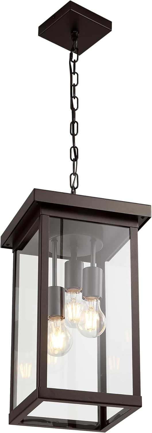 LOUSACE 16'' Large Outdoor Pendant Light 3-Lights Oil Rubbed Bronze Outdoor Chandelier Exterior Hanging Porch Light Fixtures Adjustable Ceiling Mount Outside Pendant Lantern for Entryway Front Door