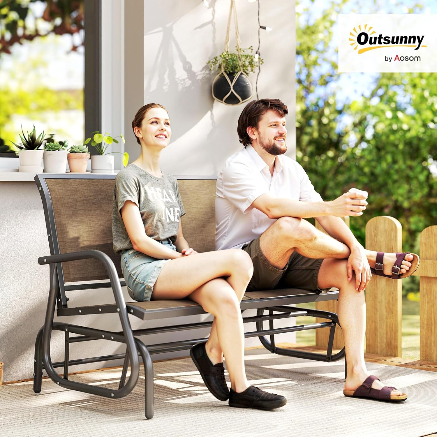 Outsunny 2-Person Outdoor Glider Bench, Patio Double Swing Rocking Chair Loveseat w/Powder Coated Steel Frame for Backyard Garden Porch, Light Mixed Brown