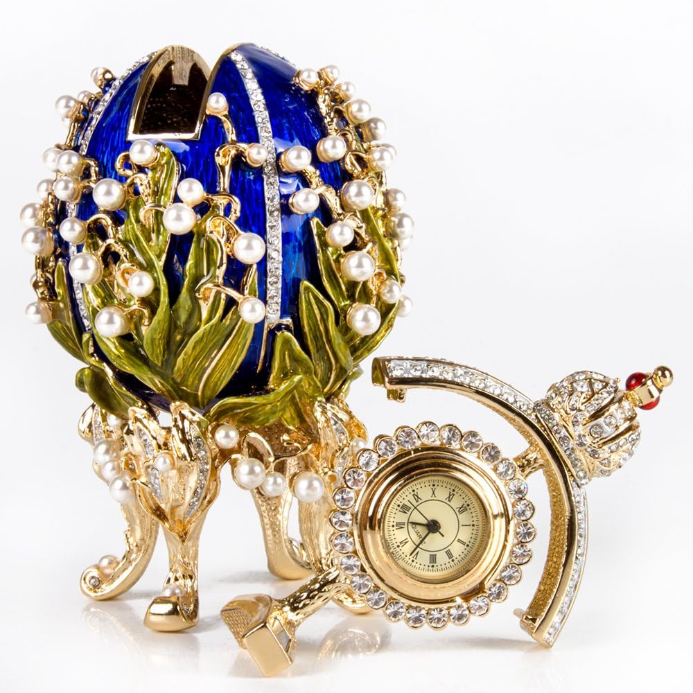 Crystals Faberge Egg: Lily of the Valley Egg Jewelry Box with Clock in Blue