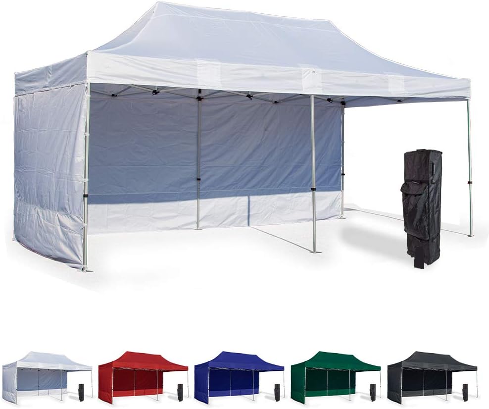 Vispronet 10x20 Instant Canopy Tent and 2 Side Walls – Commercial Grade Steel Frame with Water-Resistant Canopy Top and Sidewalls – Bonus Canopy Bag and Stake Kit Included (White)