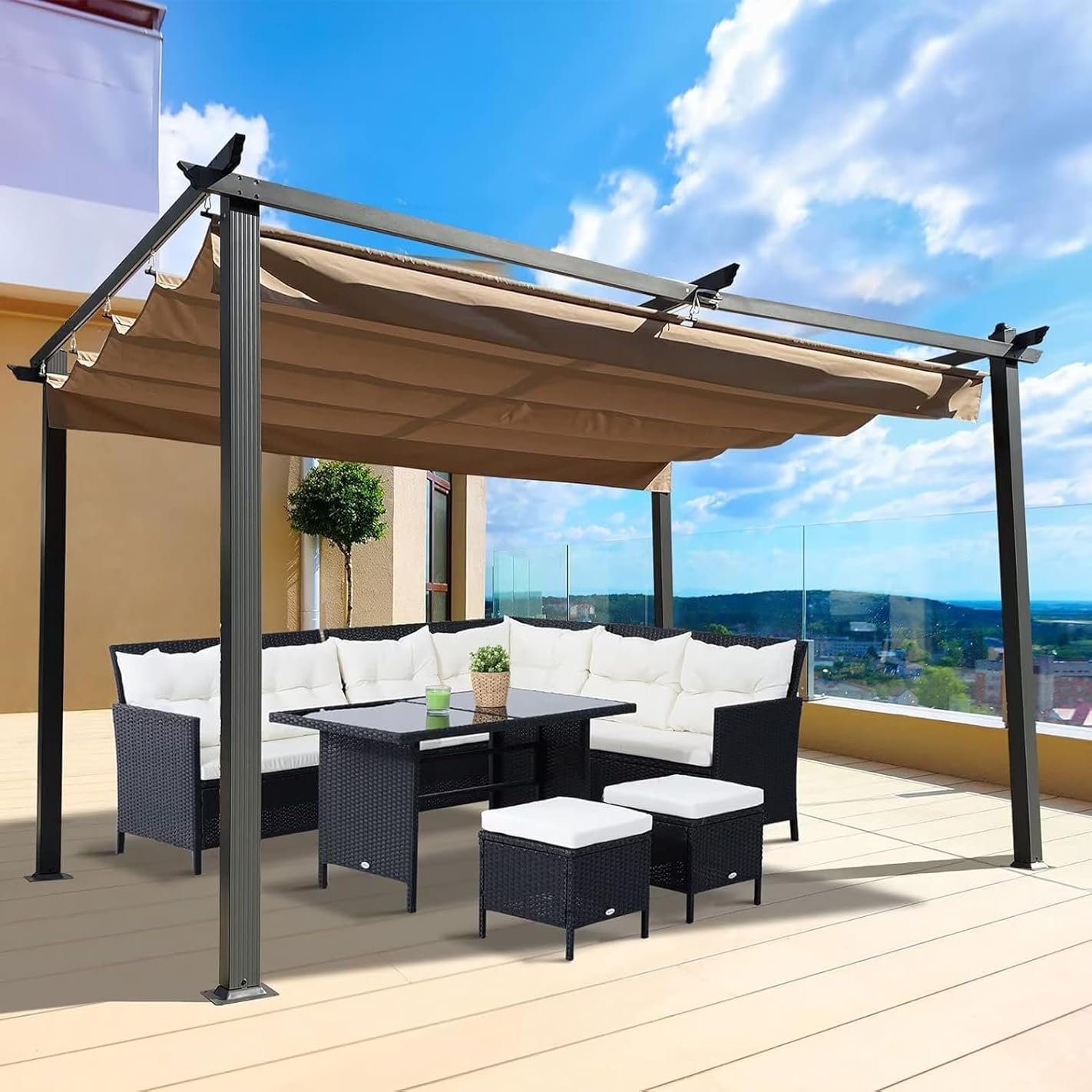 13' X 10' Outdoor Retractable Pergola with Sun and Rain-Proof Canopy Shade Canopy Patio Metal Shelter Compatible with Porch Garden Beach Pavilion Grill Gazebo Modern Yard Grape Trellis Pergola, Beige