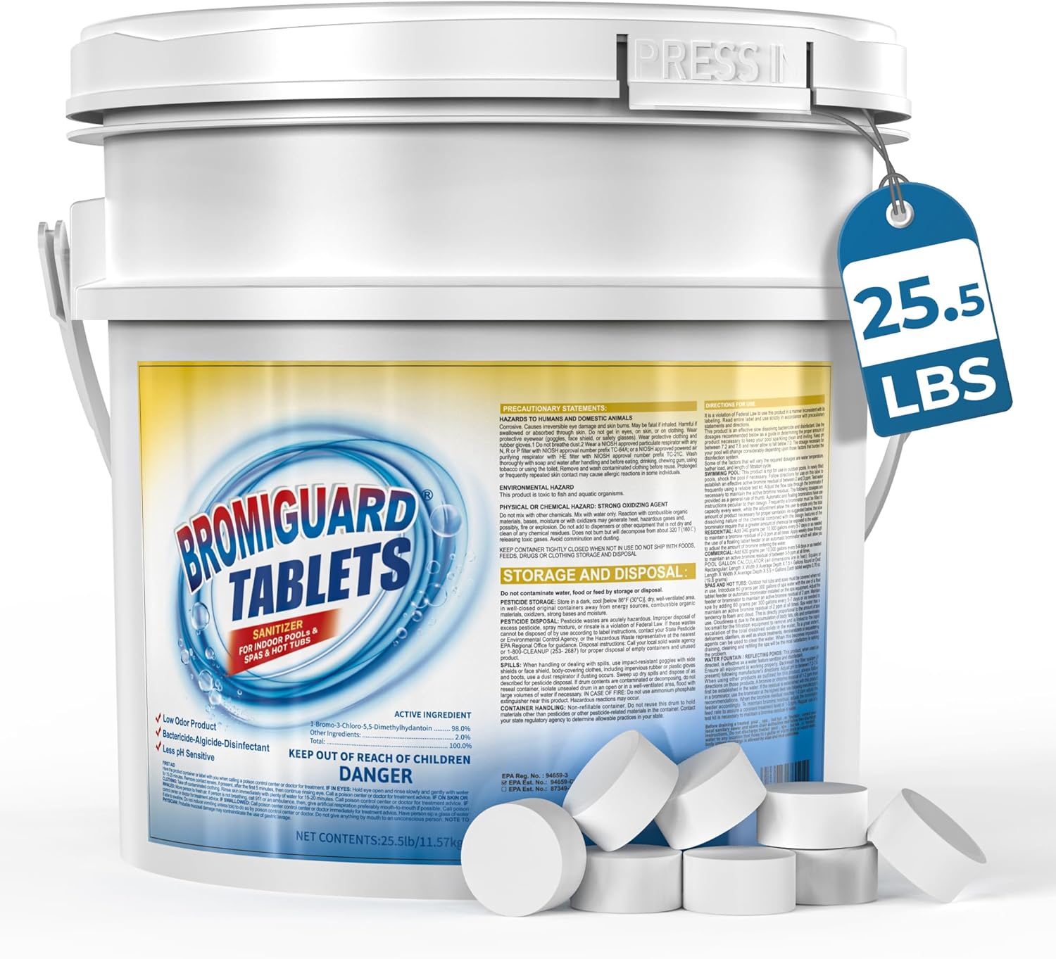 1 Inch Bromine Tablets for Spas Hot Tubs or Indoor Pools, Brominating Tabs Sanitizer, Chlorine Alternative - Low Odor, Long-Lasting, Pre-Stabilized-25.5 LB