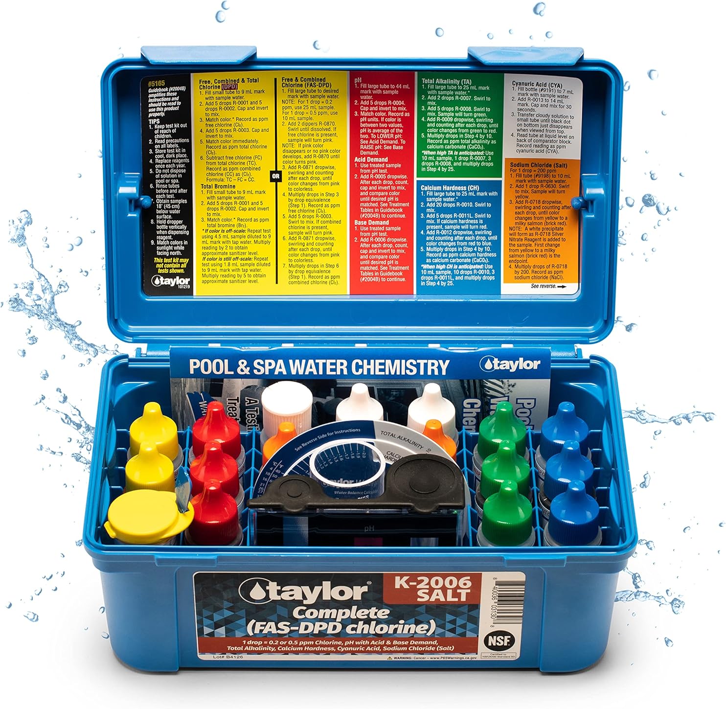 Taylor K-2006-SALT FAS-DPD, 9-in-1 Pool & Spa Test Kit, Free & Combined Chlorine, pH, Acid & Base Demand, Total Alkalinity, Calcium Hardness, Cyanuric Acid (CYA), and Chloride (Sodium Chloride).