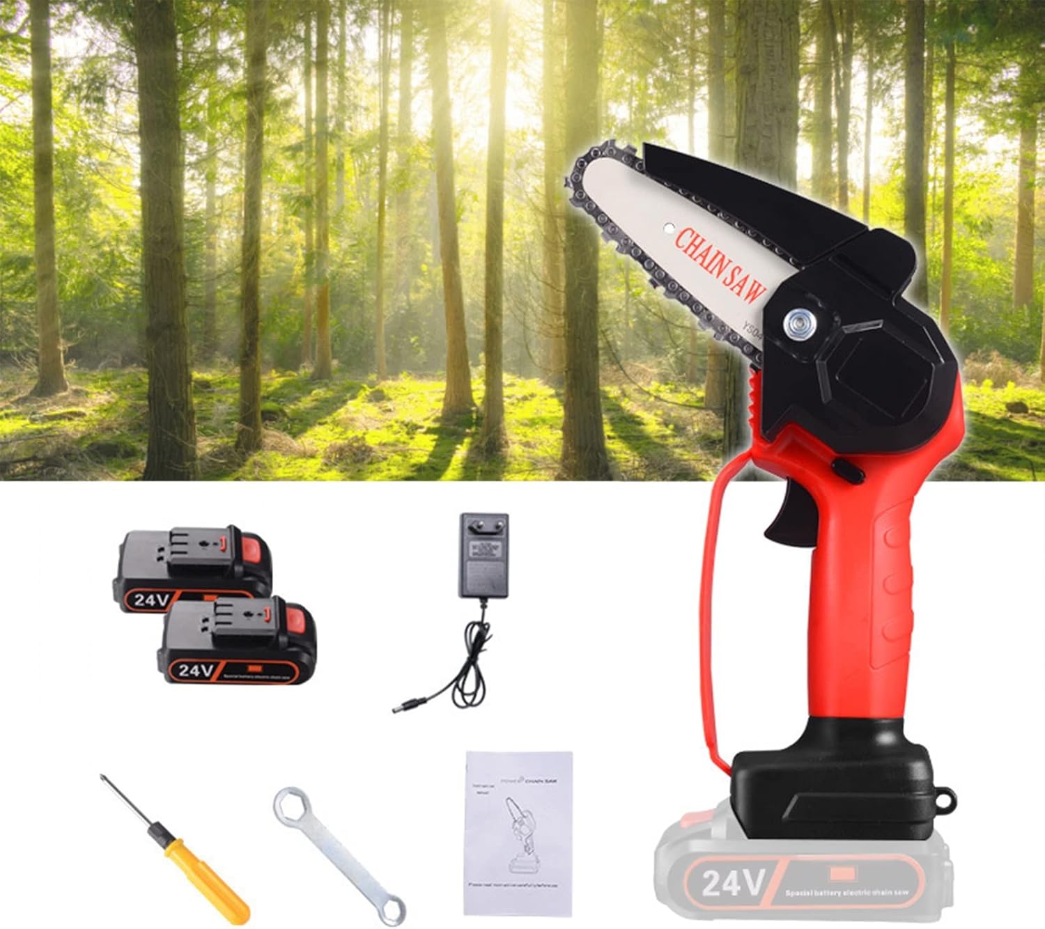 24V Mini Cordless Chainsaw Electric, with 2Pcs Battery, 4-Inch Electric Small Chainsaw Handheld with Safety Lock, Battery Powered Chainsaw for Tree Trimming Branch Wood Cutting