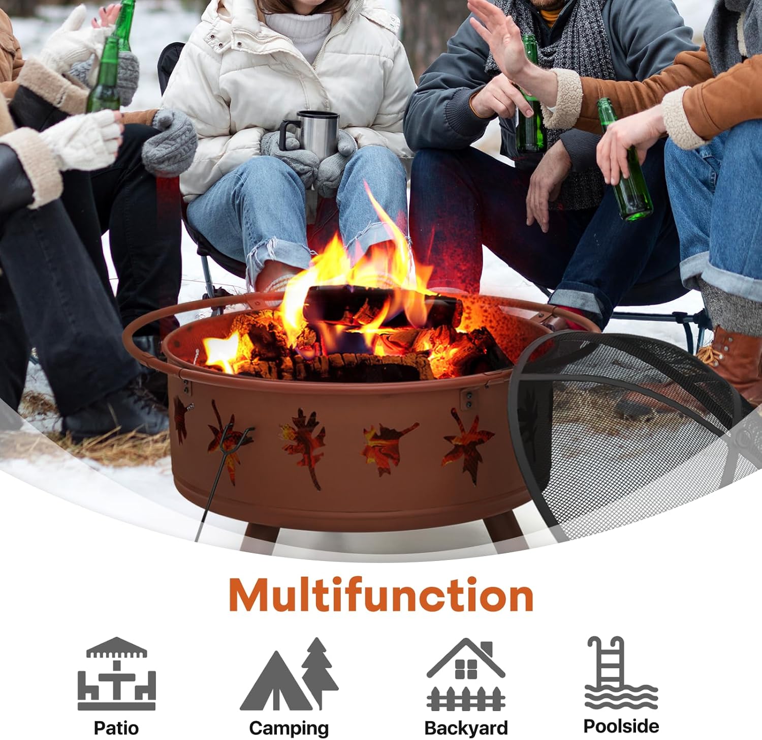32 Inch Outdoor Fire Pit, 2 in 1 Metal Round Wood Burning Fire Pit, Maple Leaf Cutout Large Fireplace Firepits for Outside Patio Backyard Bonfire BBQ with Spark Screen, Poker, Grate, Gold