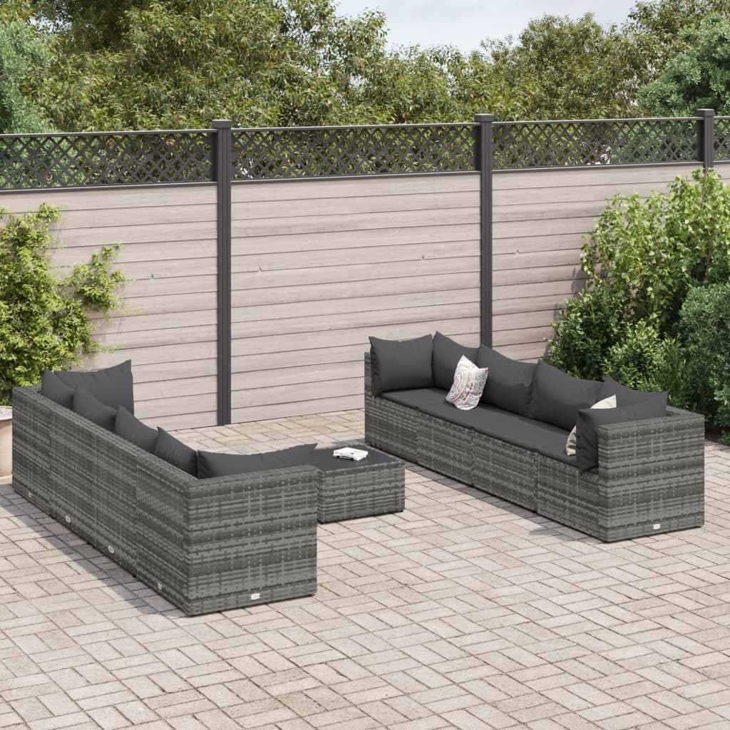 9 Piece Patio Lounge Set with Cushions Gray Poly Rattan,Rattan Outdoor Lounge Set: Modular Sofa with Glass Table and Cushions for Patio, Garden, and Terrace Patio Furniture Sets, Outdoor Furniture Set