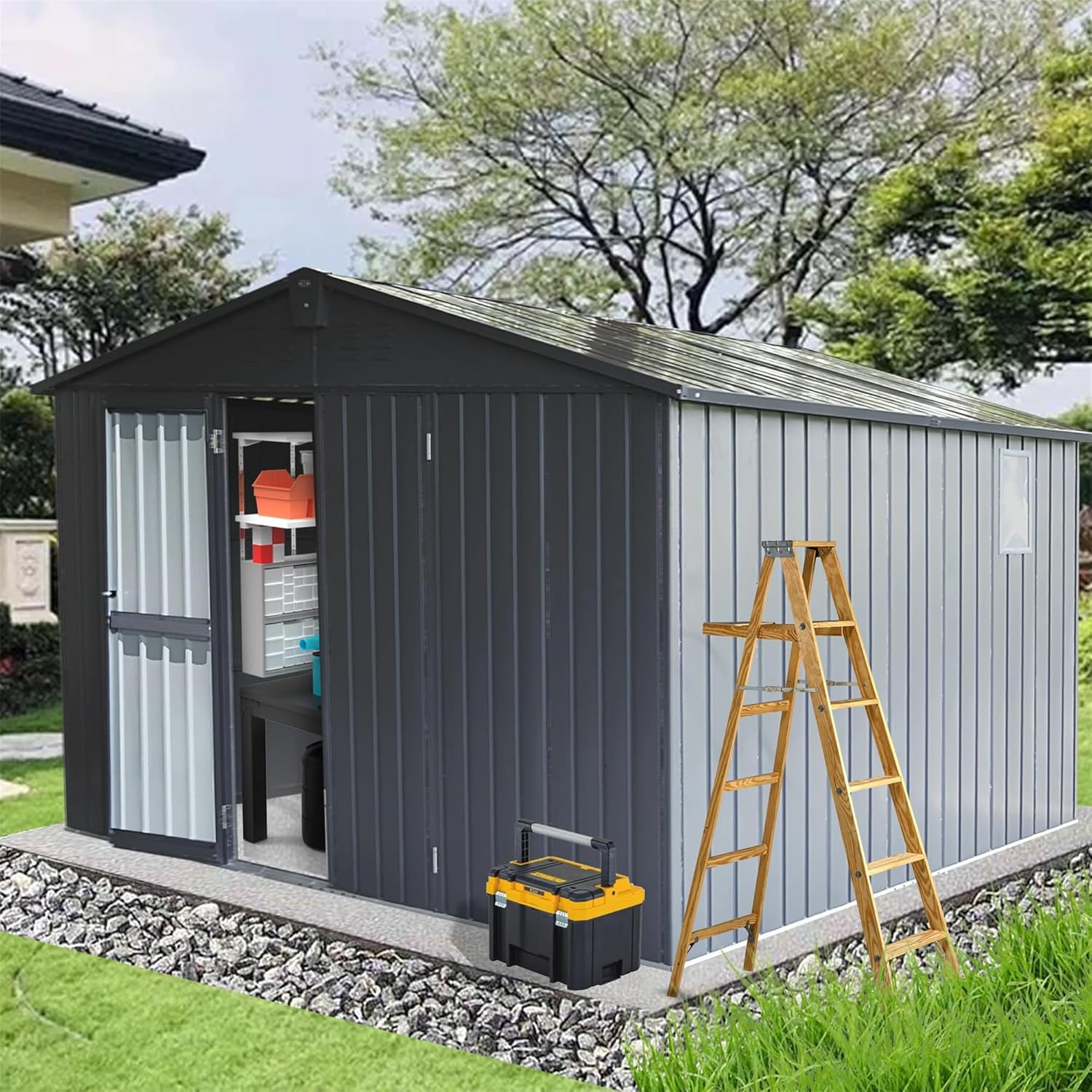 Christopher Knight Home Avonn Backyard Storage Shed 11' x 12.5' with Galvanized Steel Frame & Windows, Outdoor Garden Shed Metal Utility Tool Storage Room with Lockable Door for Patio(Dark Gray)