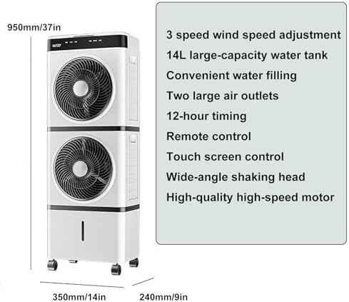 Swamp Cooler Air Conditioner, Evaporative Air Cooler, 14L/3 Gal Tank for Long Cooling, 3 Speeds, Auto Oscillating, 12H Timer, Remote, Water Cooling Fan for Home