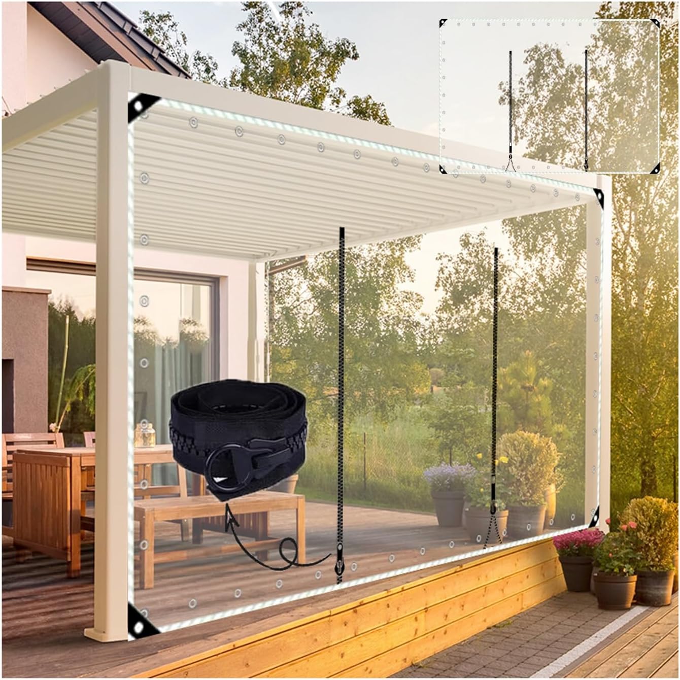 Pergola Curtains Outdoor Waterproof with Eyelets，Tarp Curtains With Zipper Door，Clear Tarps with Grommets with Zipper，for Carports,Pavilions,Canopies,Weather Curtain ( Size : H3xW10m/H9.8xW32.8ft )