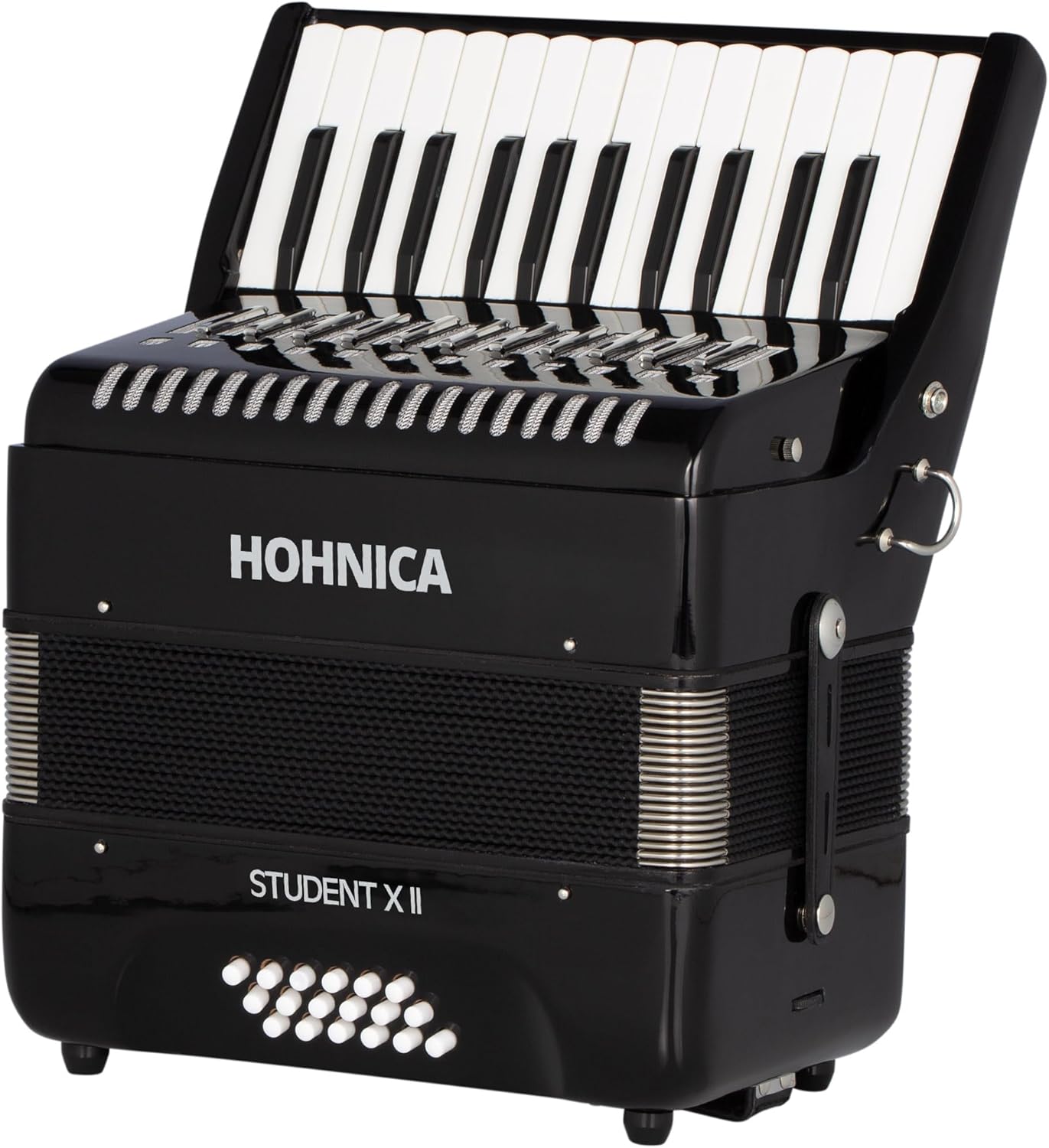 Hohner Hohnica Student XII 44-Key 18 Bass Piano Accordion - Black Bundle with Gig Bag, Adjustable Stand, and Austin Bazaar Polishing Cloth