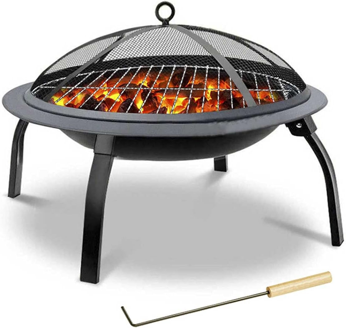 Portable Folding Fire Pit Outdoor Multifunction Fire Pit Bowl BBQ Grill with Mesh Spark Screen Cover for Backyard Camping Picnic Bonfire Garden Patio Brazier