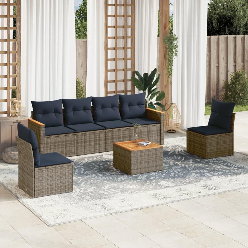7 Piece Garden Sofa Set with Cushions, Grey Poly Rattan Outdoor Patio Furniture, Modular Design Balcony Dining Sets