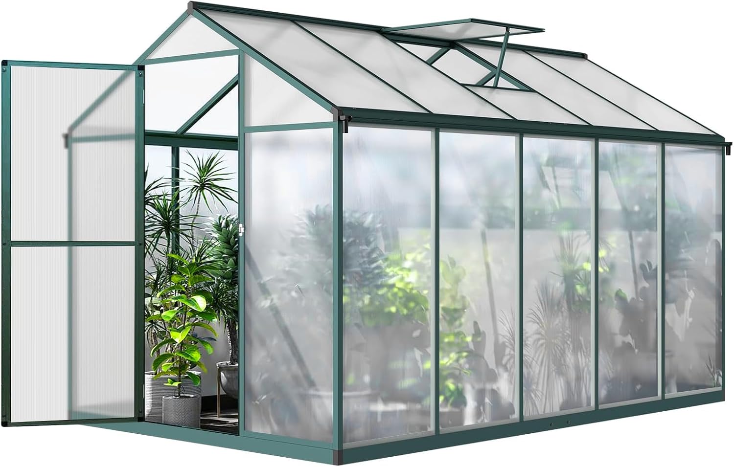 Greenhouse for Outdoors, Polycarbonate Greenhouse with Quick Setup Structure and Roof Vent, Aluminum Large Walk-in Greenhouse for Outside Garden Backyard (Green, 10'D x 6.25'W)