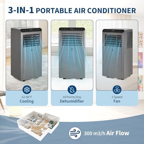 8,000 BTU Portable Air Conditioners, 4 Modes Portable AC Unit with Fast Cooling 3-In-1 Quiet Cooling AC Unit With Remote Control, Fan & Dehumidifier, Remote Control Smart Sleep Mode