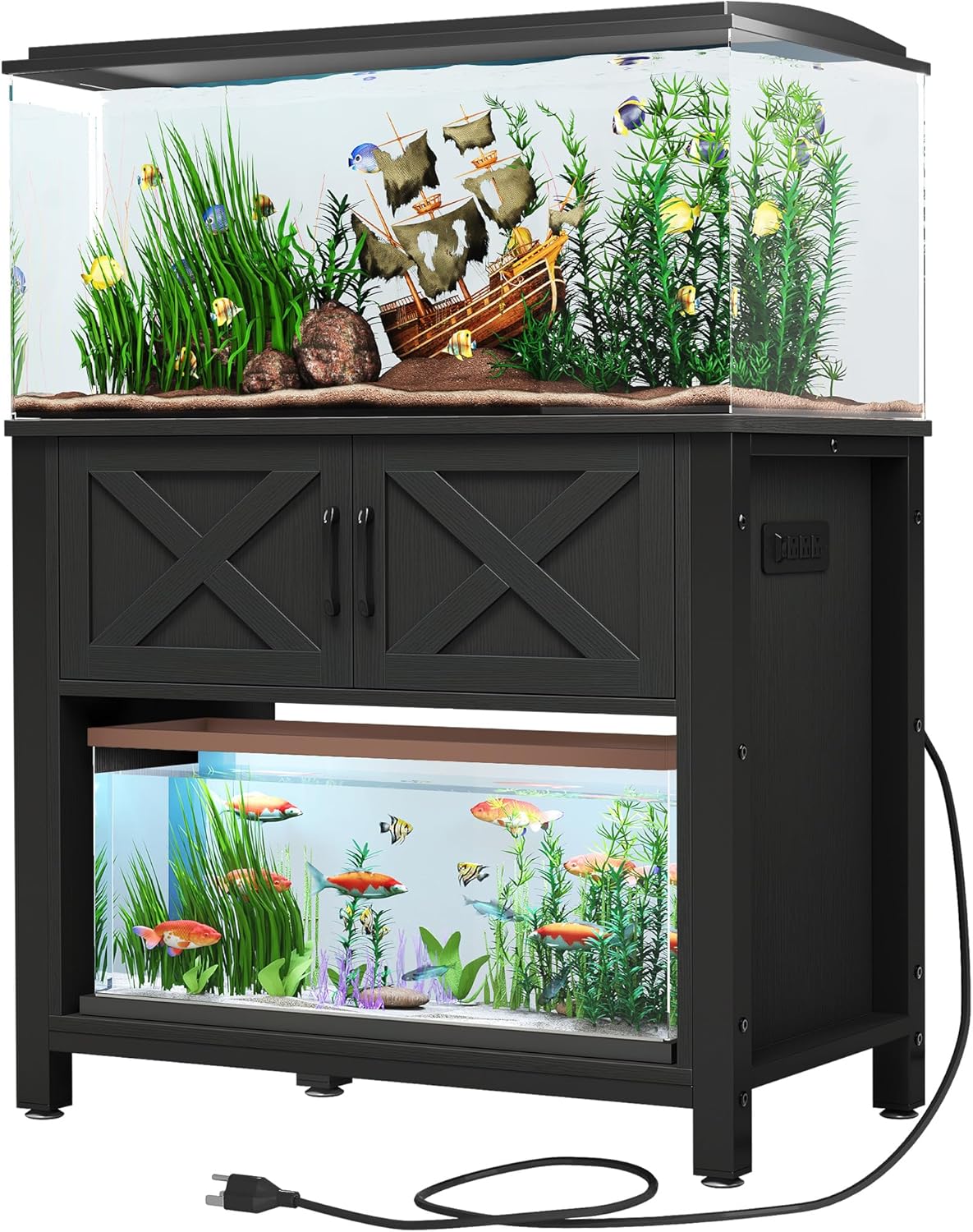 DWVO 40-50 Gallon Aquarium Stand with Power Outlets, Cabinet for Fish Tank Accessories Storage - Metal Frame Fish Tank Stand Suitable for Turtle Tank, Reptile Terrarium, 660LBS Capacity, Black