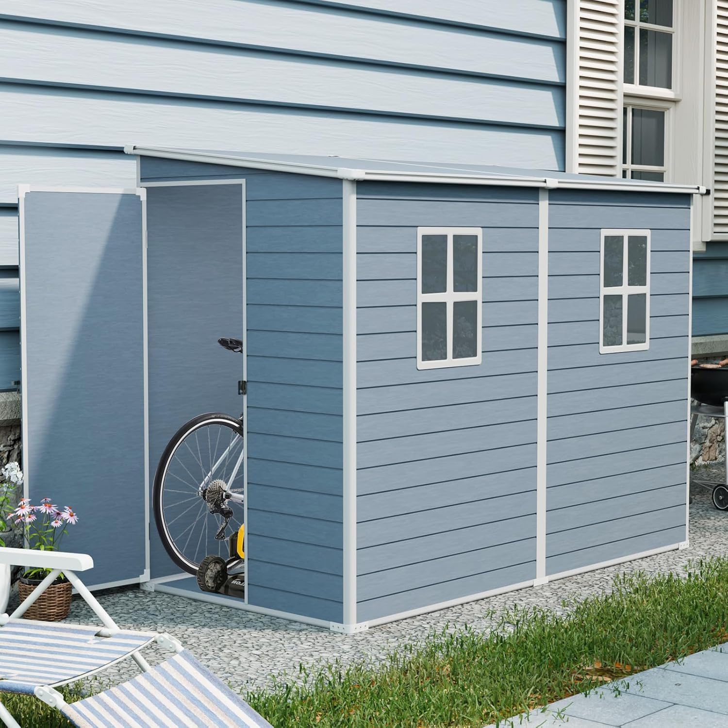 4x8 FT Outdoor Storage Shed Plastic Shed W/Floor,Resin Lean to Shed W/ 2 Windows & Lockable Door,Garden Tool House W/Air Vent & Sloped Roof,All Weather Waterproof for Backyard,Patio,Lawn,Grey