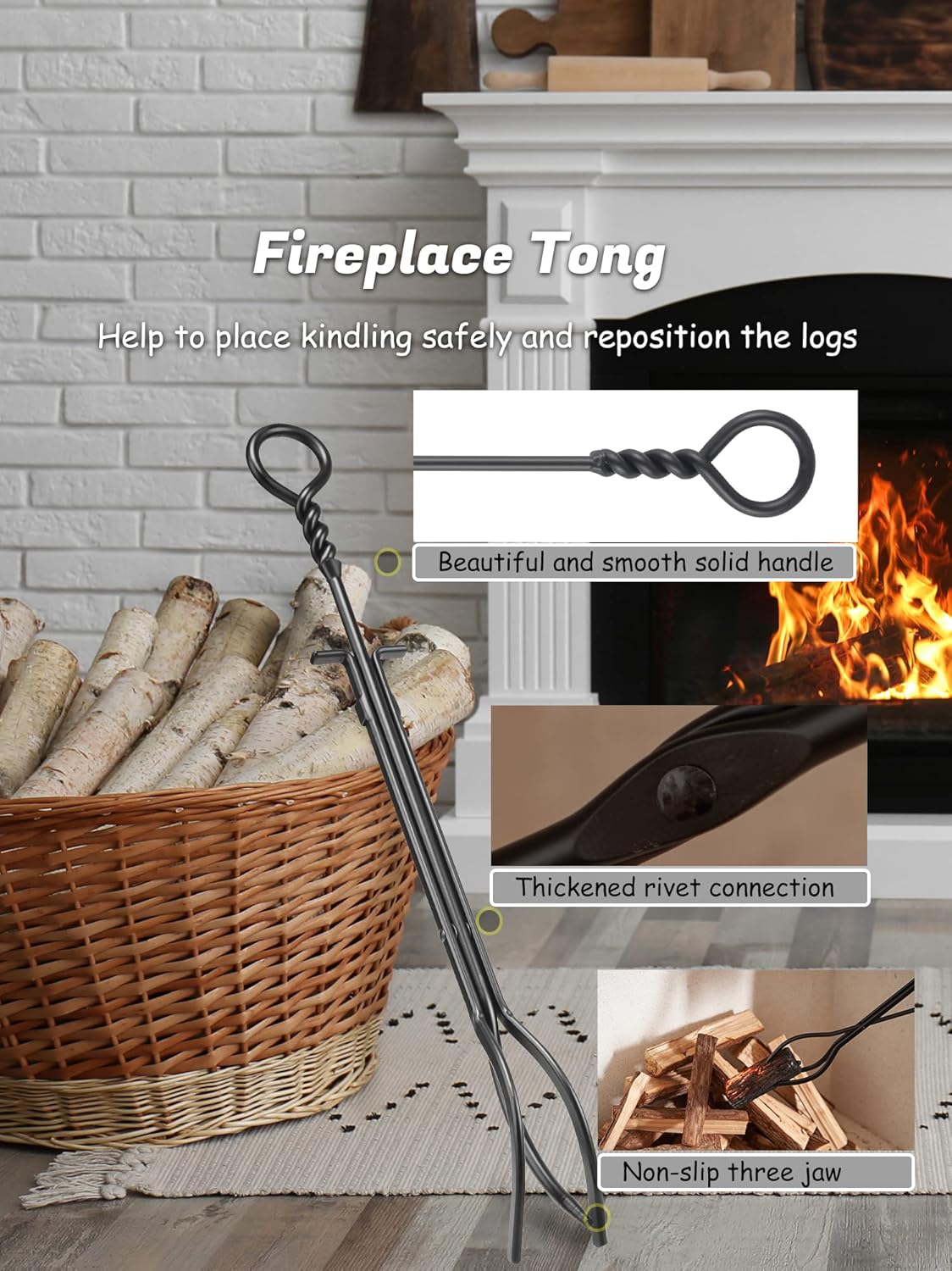 Lichamp Fireplace Tools Set, 5-Pieces Indoor Outdoor Sturdy Fire Place Poker Sets with Retro Handle and Heat Resistant Leather Gloves, FTS55BK