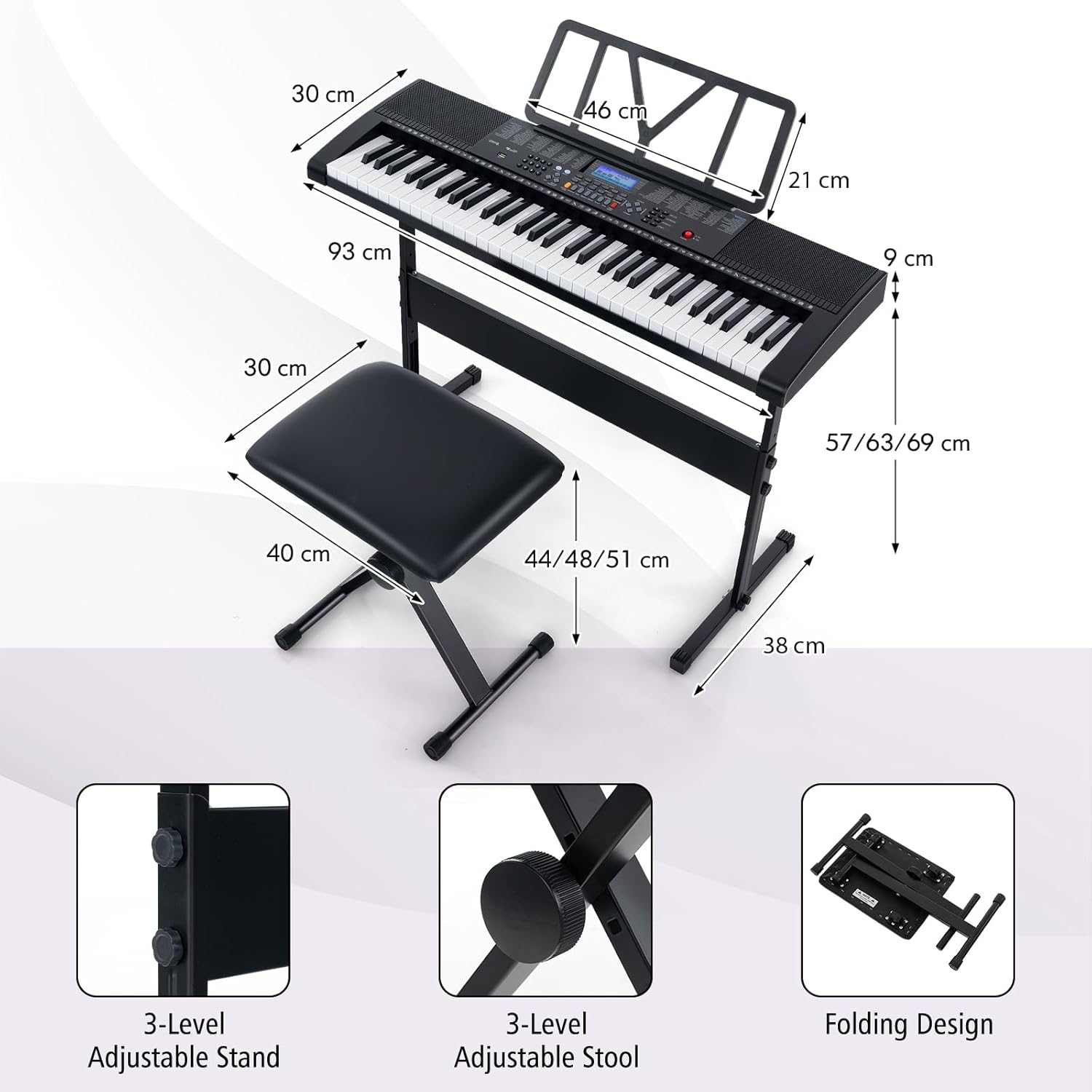 61 Key Digital Piano Keyboard, Electric Piano with Stand, Built-In Speakers, Portable Keyboard for Beginners, Adults
