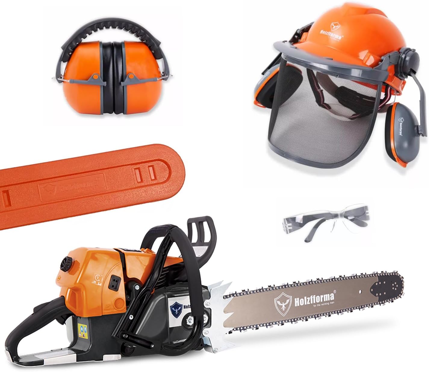 Holzfforma 92CC G660 Chainsaw Power Head With 28inch Guide Bar Saw Chain Cover Scabbard Headband Padded Hearing Protector Helmet Protective Hard Hat Glasses