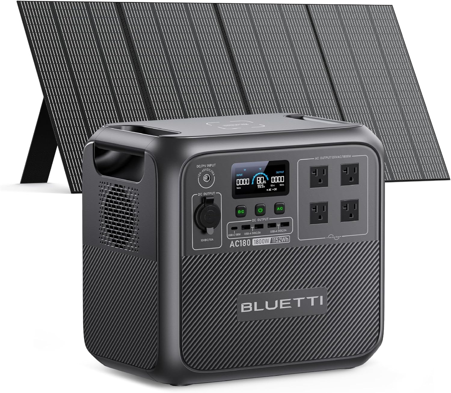 BLUETTI AC180 Solar Generator with 350W Solar Panel (Ships Separately), 1152Wh Portable Power Station w/ 4 1800W (2700W Surge) AC Outlets, LFP Power for Outdoor Camping, Trip, Power Outage