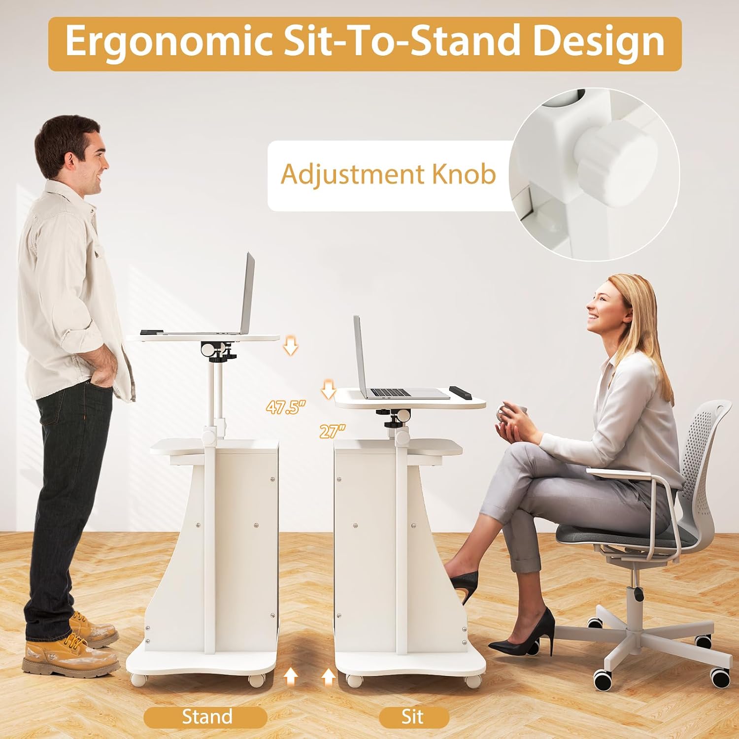 Tangkula Mobile Lectern Podium, Height Adjustable Podium Stand, Standing Sit-to-Stand Desk, Rolling Cart Laptop Desk with Swivel Top Movable Wheels & Storage