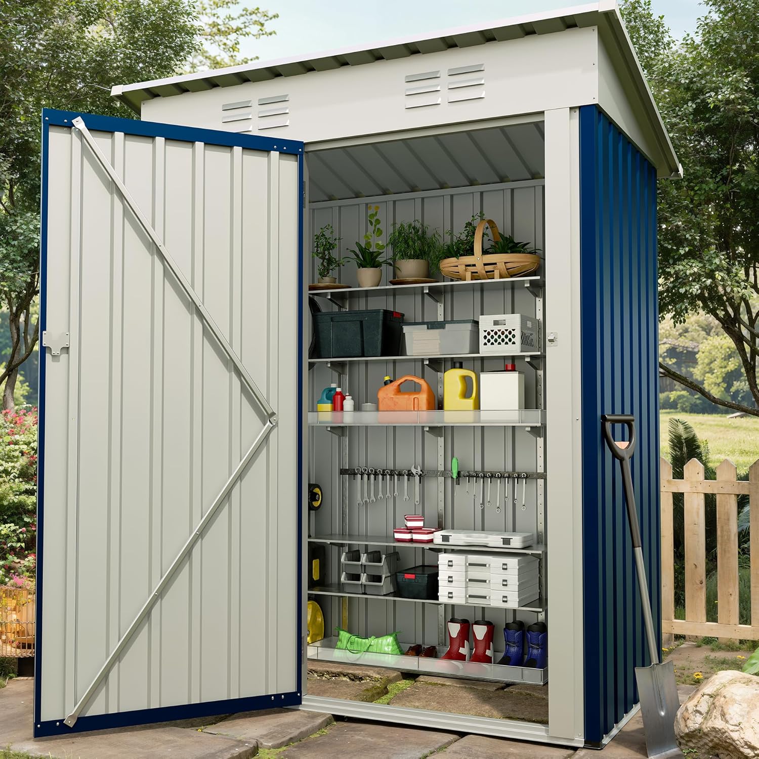 Metal Tool Shed with Single Door - Slanted Roof, Small Size, 5x3FT, Garden Storage, Outdoor Iron Tool Storage