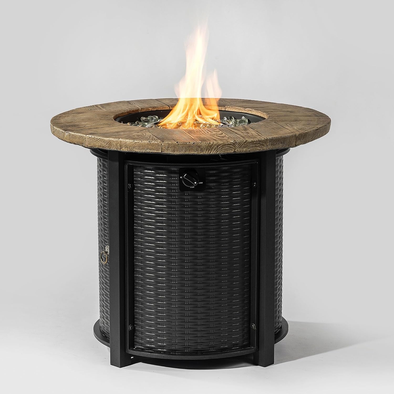 30-inch Round Propane Fire Pit Table, 50000 BTU Outdoor Patio Heater with Wood Grain Finish & Glass Stones, Smoke-Free Steel Firepit for Deck Garden Backyard