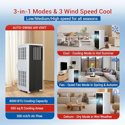 Garvee 8000 BTU Portable Air Conditioner for Room Up to 350 Sq. Ft, Energy Efficient AC Unit with Fan, Dehumidifier and Cooler, Quiet Operation for Bedroom, Offices, With Window Kit, Remote Control
