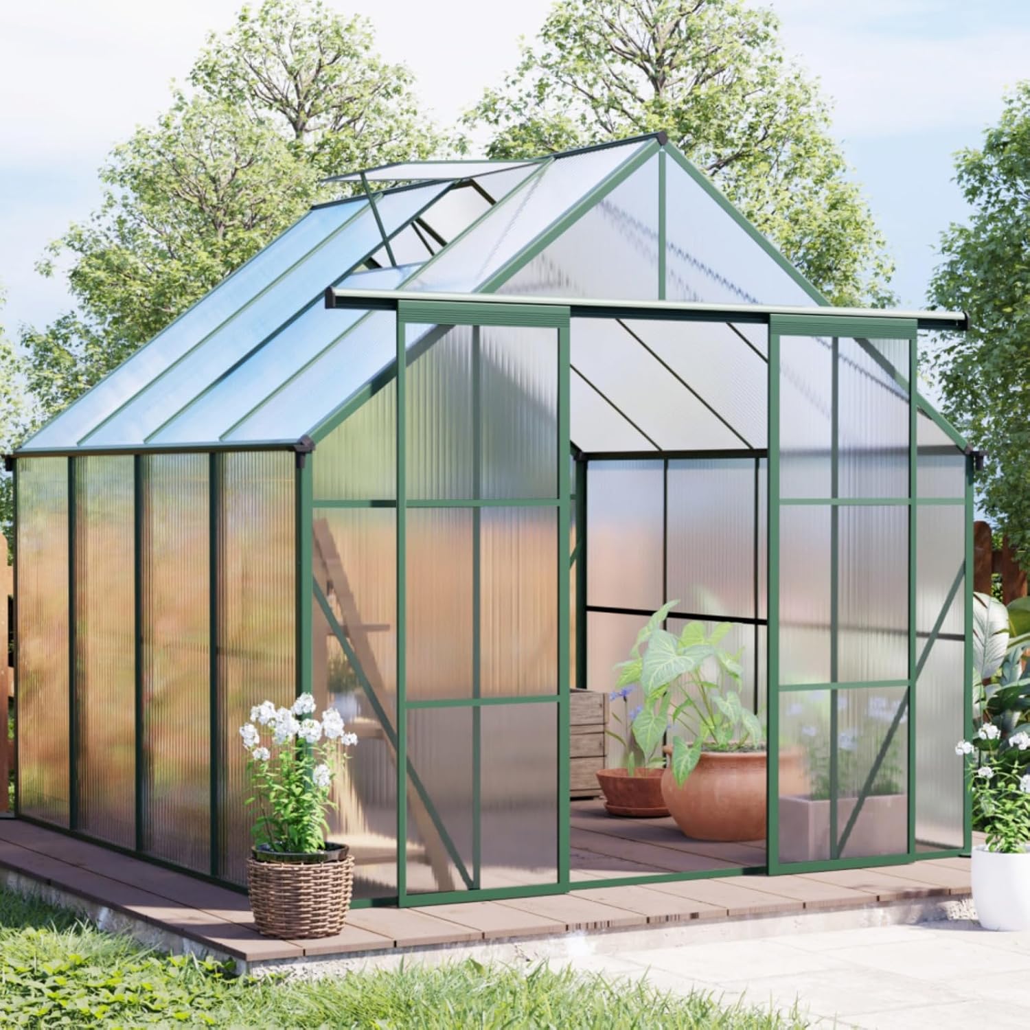Double Door Polycarbonate Greenhouse with Raised Base, Adjustable Roof & Anchor, Aluminum Heavy Duty Walk-in Greenhouses for Outdoor, Garden & Backyard in All Season, Green & Black (Green 8*8FT)