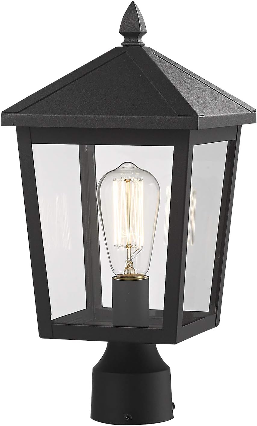 zeyu Outdoor Post Light, 16 Inch Exterior Pole Light Pillar Lantern with Clear Glass Shade and Black Finish, 20076P