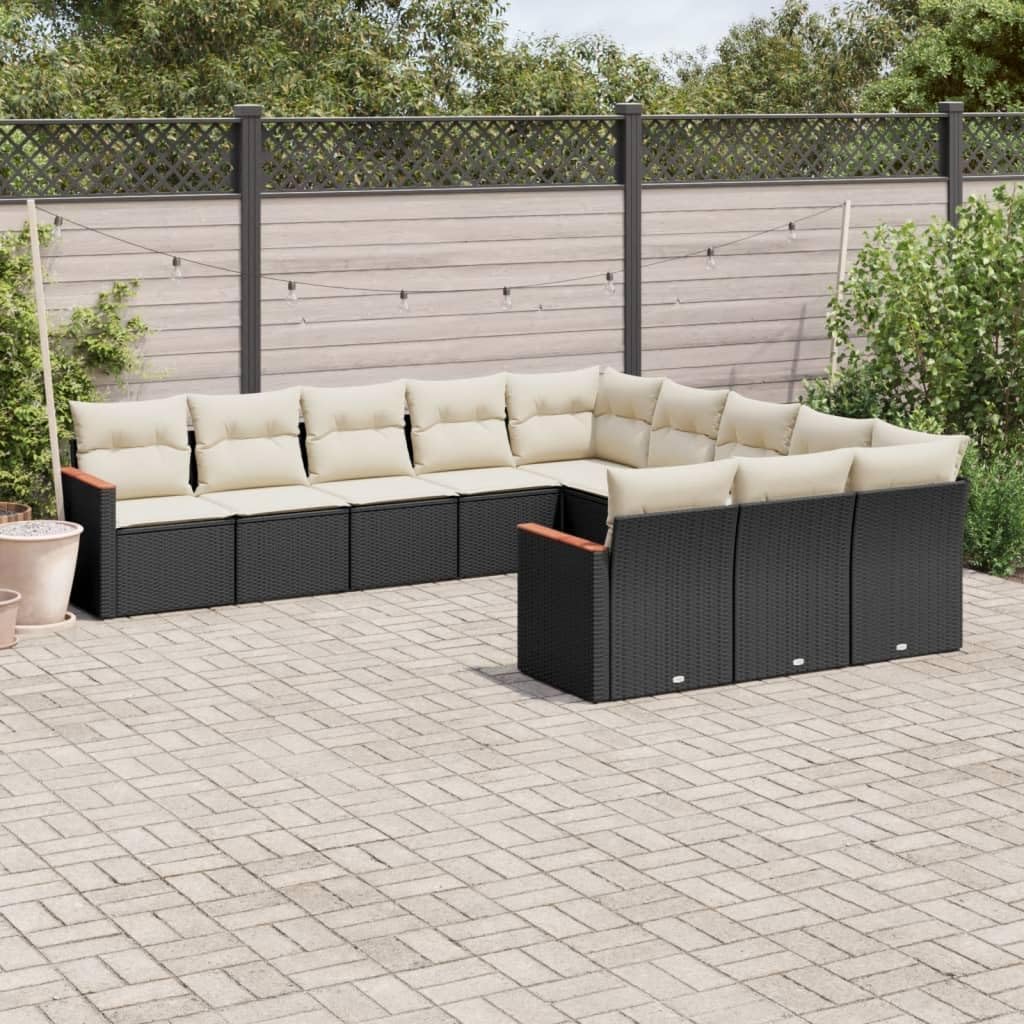 11-Piece Modular Garden Sofa Set Black Poly Rattan Large Outdoor Furniture with Cream Cushions Weather-Resistant Durable Patio Seating