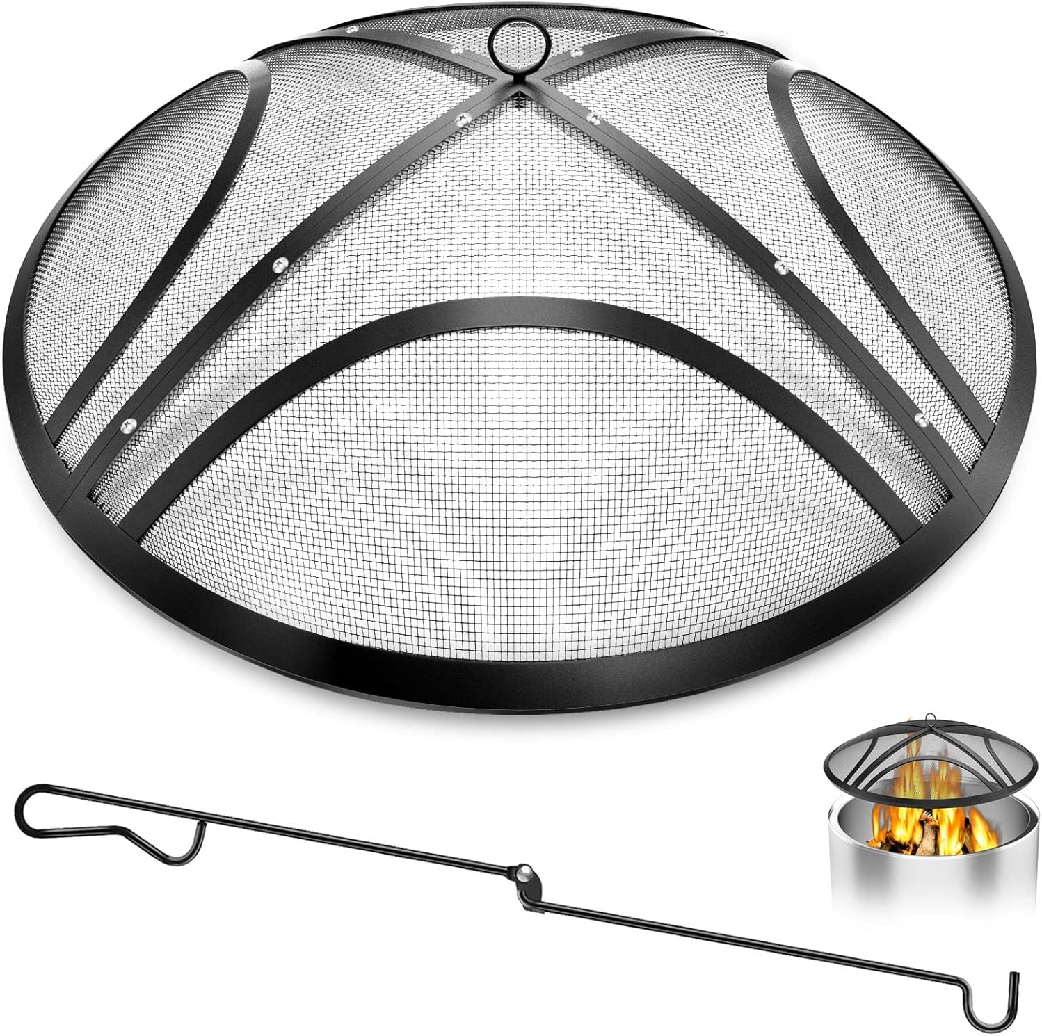 Fire Pit Spark Screen, Upgraded 40 Inch Outdoor Fire Pit Screen with Handle & Poker, Heavy-Duty Steel Fire Pit Cover Round Mesh Replacement Firepit Screen for Backyard/Beach/RV Camping