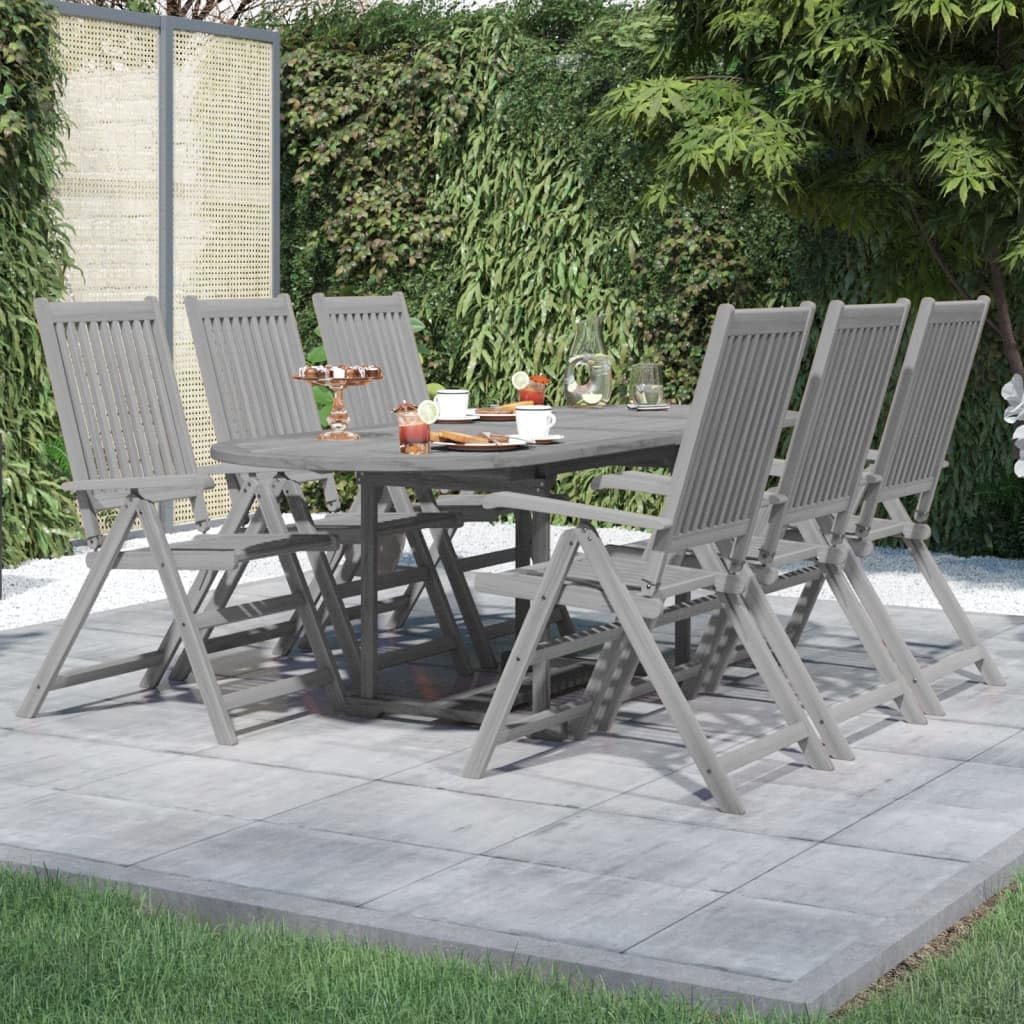 7 Piece Patio Dining Set Solid Wood Acacia,Extendible Acacia Wood Garden Dining Set with Adjustable Folding Chairs in Gray Furniture Sets for Patio, Lawn & Garden
