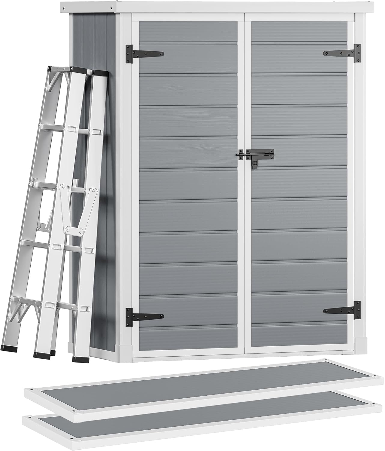 DWVO 4.3x2x5.5ft Outdoor Vertical Storage Shed with 2 Shelves, 50 Cu Ft Waterproof Resin Garden Shed with Lockable Door, Plastic Tall Tool Cabinet for Garbage Cans, Lawn Garden Supplies (Gray)