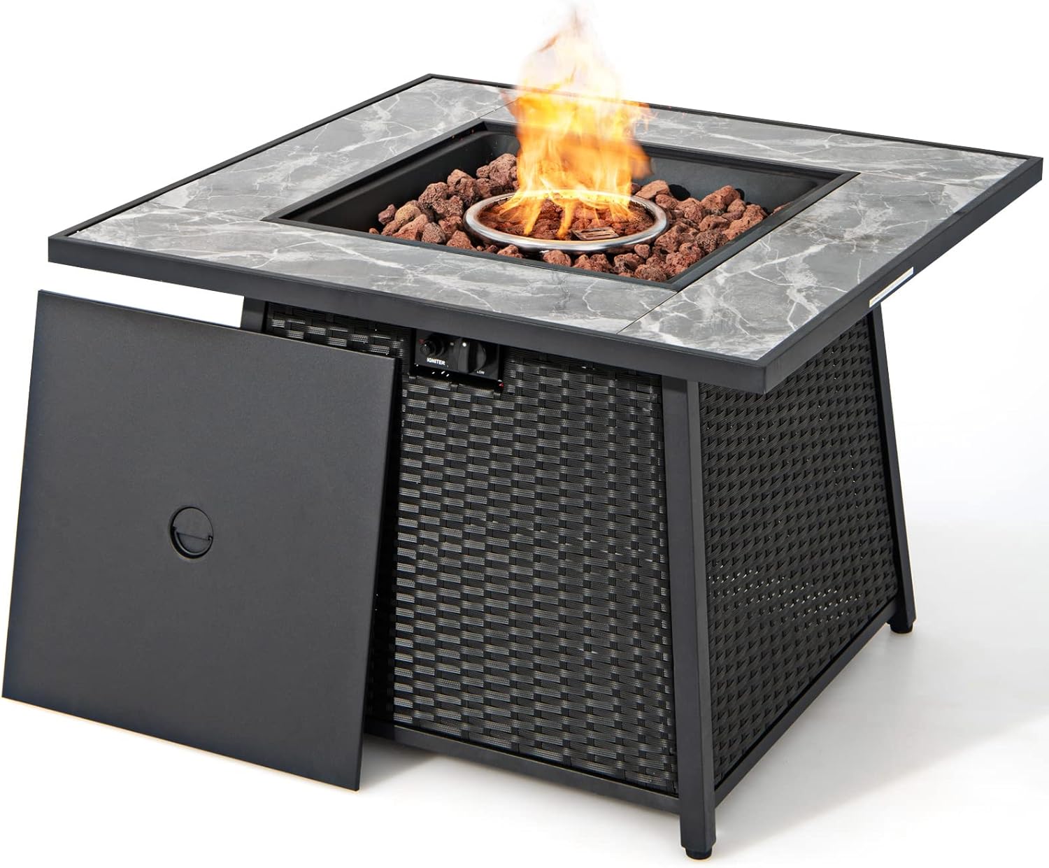 Tangkula 35 Inch Rattan Propane Gas Fire Pit Table, Patiojoy 50,000 BTU Outdoor Wicker Patio Propane Fire Pit w/Lid, Lava Rocks and PVC Cover, Auto-Ignition Square Firepit Table with Marble Tabletop